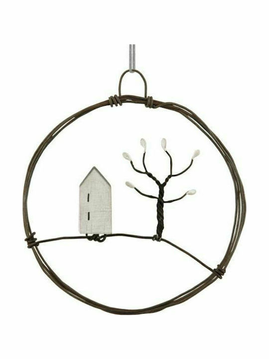 Synchronia Christmas Wooden Decorative Στεφάνι 7.5cm με Μικρό Σπίτι και Δέντρο
