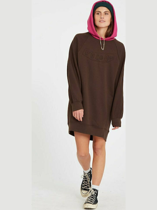 Weirdi Dress Mini Αθλητικό Φόρεμα Μακρυμάνικο με Κουκούλα Καφέ