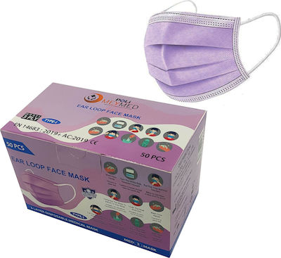Poli MeyMed Ear Loop 3ply Μάσκα Προστασίας Μιας Χρήσης Χειρουργική Τύπου I σε Μωβ χρώμα 50τμχ