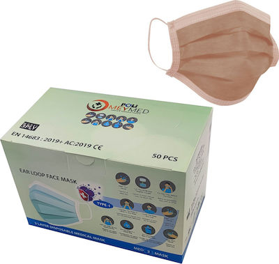 Poli MeyMed Ear Loop 3ply Μάσκα Προστασίας Μιας Χρήσης Χειρουργική Τύπου I σε Καφέ χρώμα 50τμχ