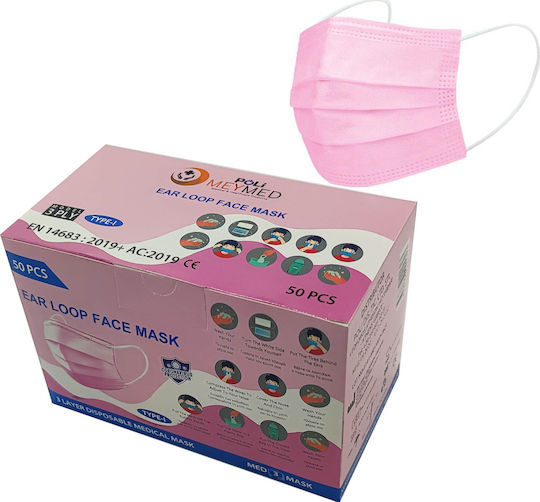 Poli MeyMed Ear Loop 3ply Μάσκα Προστασίας Μιας Χρήσης Χειρουργική Τύπου I σε Ροζ χρώμα 50τμχ