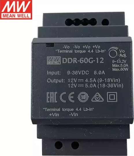 Mean Well Τροφοδοτικό Ράγας DDR60G-12 με Έξοδο 12V και Ισχύ 60W 5A