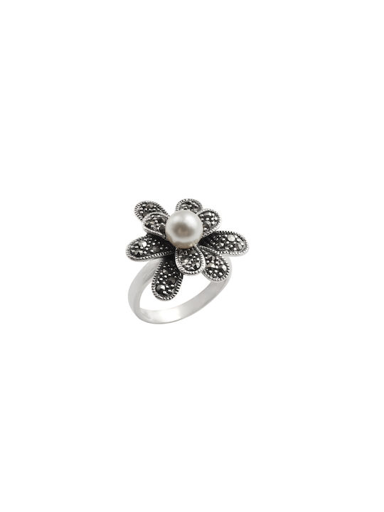 silverline, silver, women's, ring, flower with pearls, marcasite, white, platinum-plated