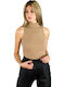 Women's beige elastic sleeveless ribbed top with strap 1012221W