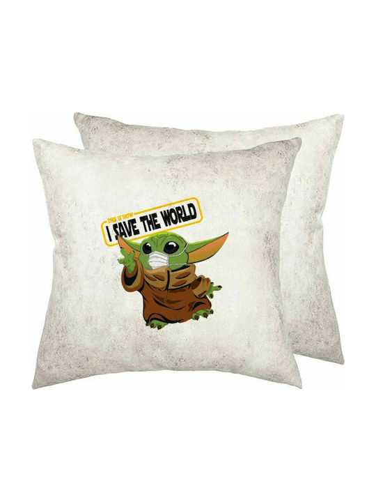 Baby Yoda, This is how i save the world!!! , Μαξιλάρι καναπέ Δερματίνη Γκρι 40x40cm με γέμισμα
