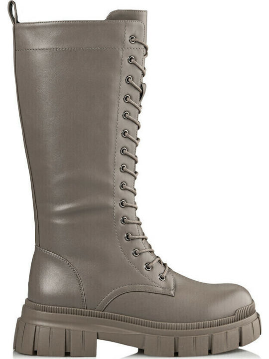 Synthetic Leather Medium Heel Women's Boots with Laces Beige