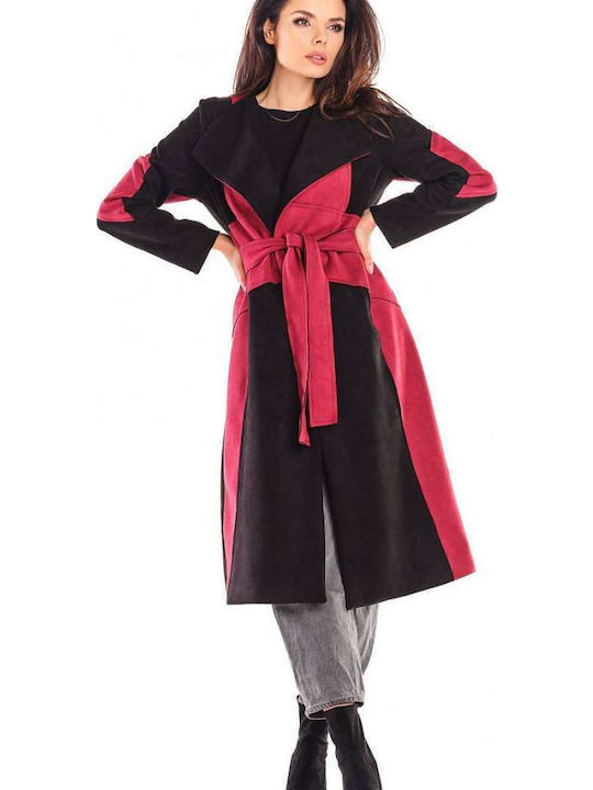 Women's Black/Bordeaux Coat with Belt