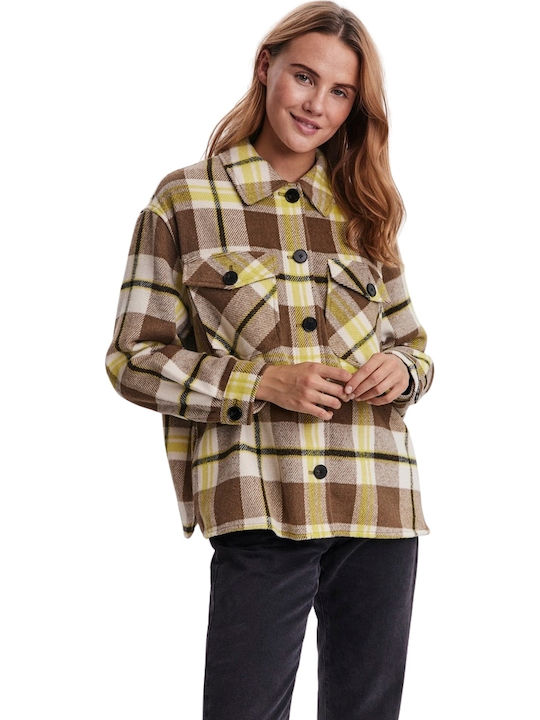 Vero Moda Women's Checked Short Half Coat with Buttons Fossil