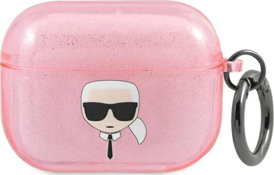 Karl Lagerfeld Karl`s Head Glitter Silikonhülle mit Haken in Rosa für Apple AirPods Pro