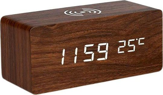 Factory Tabletop Digital Clock LED Wooden with Alarm Clock & Wireless Charging Brown