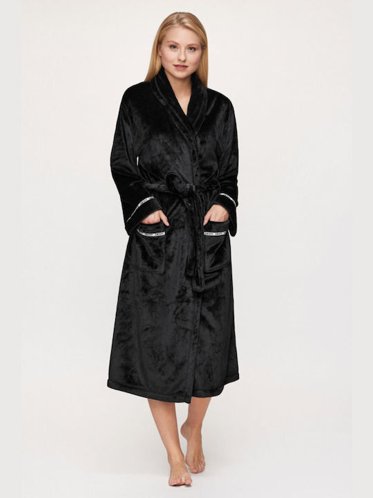 DKNY Χειμερινή Γυναικεία Fleece Ρόμπα Μαύρη