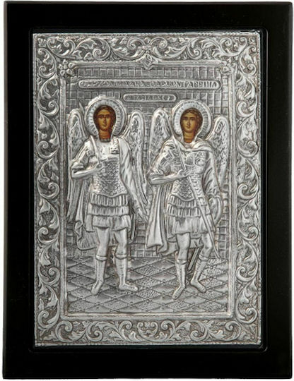 Saint Icon Virgin Mary Holding the Infant on Black Wood Silver 19x24cm