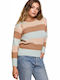 BE Knit BK071 Women's Long Sleeve Sweater Woolen Striped Camel/Ciel