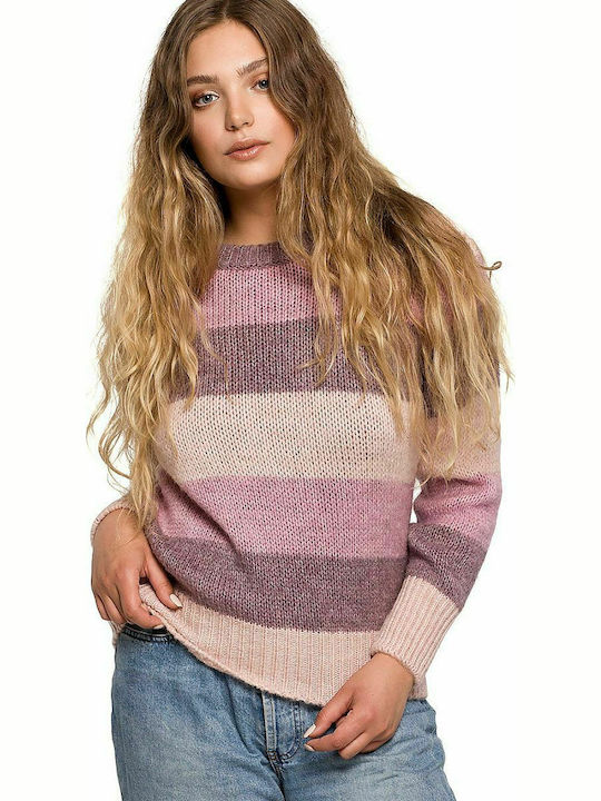 BE Knit BK071 Women's Long Sleeve Sweater Woolen Striped Lilacc