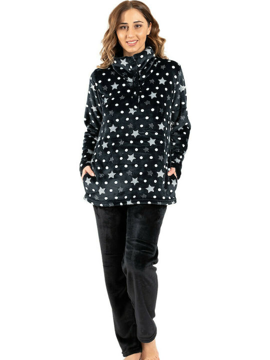 Koyote Iarnă Set pijama femei Fleece Stele negre Stars