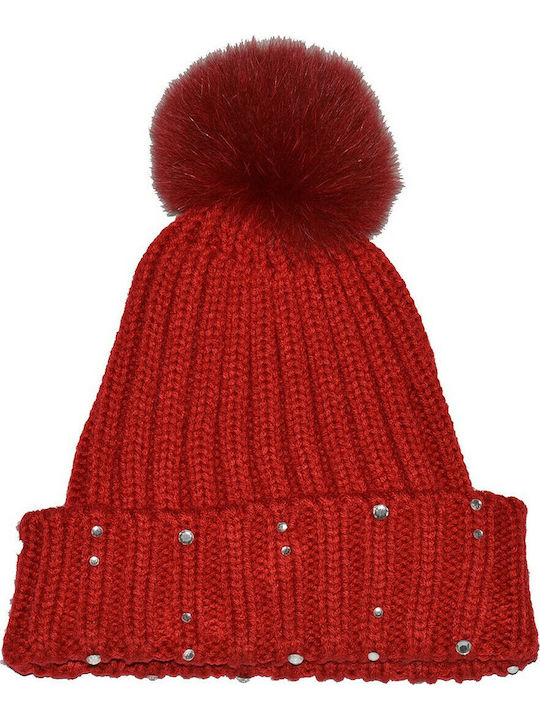 Pom Pom Beanie Unisex Beanie with Rib Knit in Red color