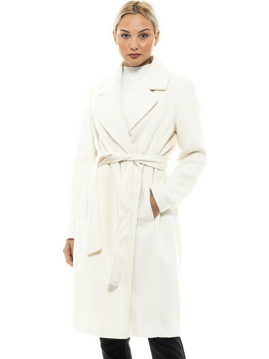 Splendid Γυναικείο Λευκό Παλτό με Ζώνη