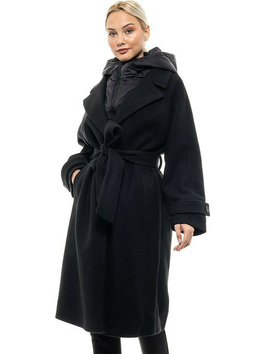 Biston Γυναικείο Μαύρο Παλτό με Κουκούλα