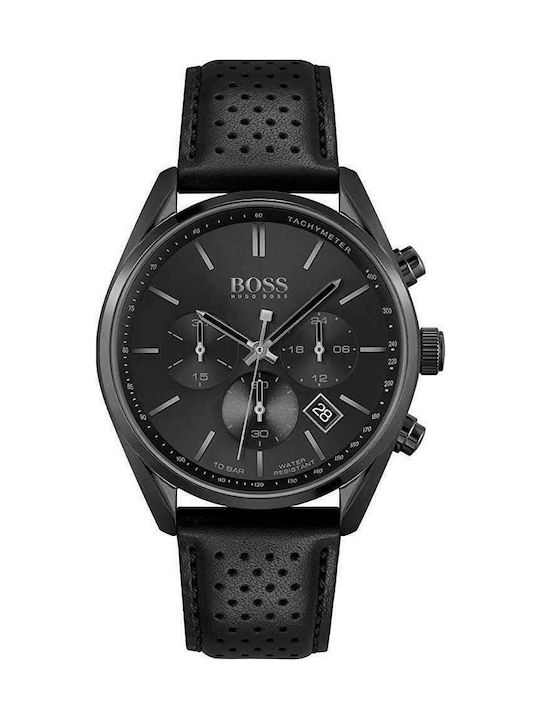 Hugo Boss Ρολόι Χρονογράφος Μπαταρίας με Δερμάτινο Λουράκι σε Μαύρο χρώμα