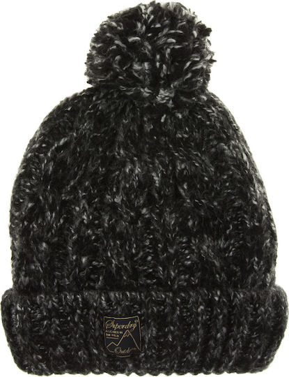 Tweed Cable Pom Pom Beanie Beanie Knitted in Black color