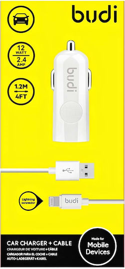 Budi Car Charger 12W 2.4A with One Port 1xUSB-A with Lightning Cable White Color