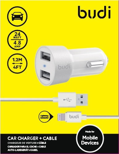 Budi Φορτιστής Αυτοκινήτου 24W 4.8A με Θύρες: 2xUSB μαζί με Καλώδιο Lightning Λευκός