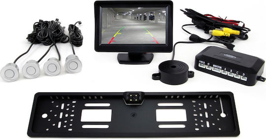 AMiO Car Parking System License Plate Frame CAM-402 with Camera with Screen with Buzzer and 4 Sensors in Silver Color