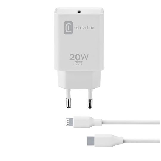 Cellular Line Cellular Line Handyladegerät mit USB-C Ausgangsanschlüsse und Kabel USB-C - Lightning 20W Weiß