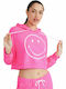 X Smiley Di San Cropped Γυναικείο Φούτερ με Κουκούλα Neon Pink