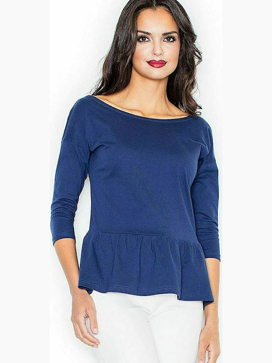 Figl 233 Women's Blouse Cotton Long Sleeve Navy Blue 44524