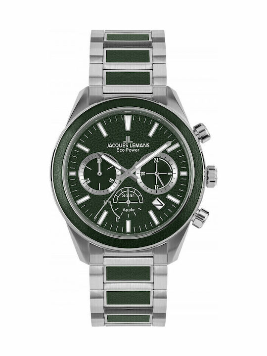 Jacques Lemans Eco Power Ανδρικό Ρολόι 44mm Χρονογράφος Solar με Ασημί Μεταλλικό Μπρασελέ