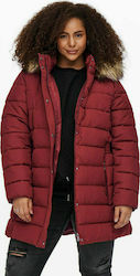 Only Women's Long Puffer Jacket for Winter with Hood Burgundy