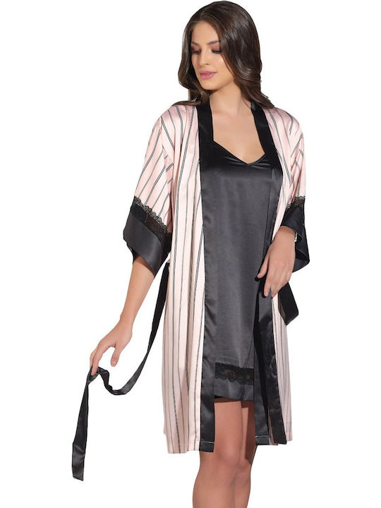 Sevim Winter Damen Satin,σατεν Robe mit Nachthemd Rosa 12739
