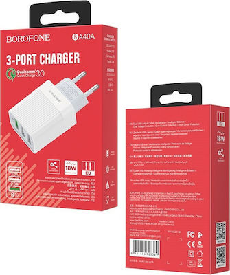 Borofone Φορτιστής Χωρίς Καλώδιο με 3 Θύρες USB-A 18W Quick Charge 2.0 / Quick Charge 3.0 Λευκός (BA40A)