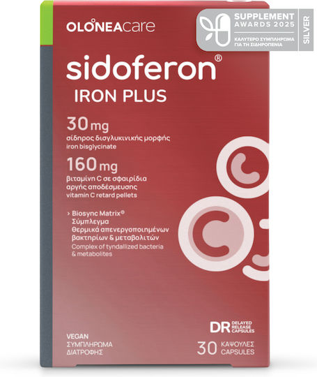 OLONEA Sidoferon Iron Plus with Maximum Absorption Iron Bisglycinate That Does Not Cause Constipation, Slow-Release Vitamin C & Biosync Matrix® 30 Caps