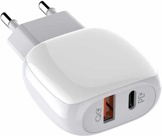 Ldnio Φορτιστής με Θύρα USB-A και Θύρα USB-C και Καλώδιο Lightning 18W Power Delivery / Quick Charge 3.0 Λευκός (A2313C)