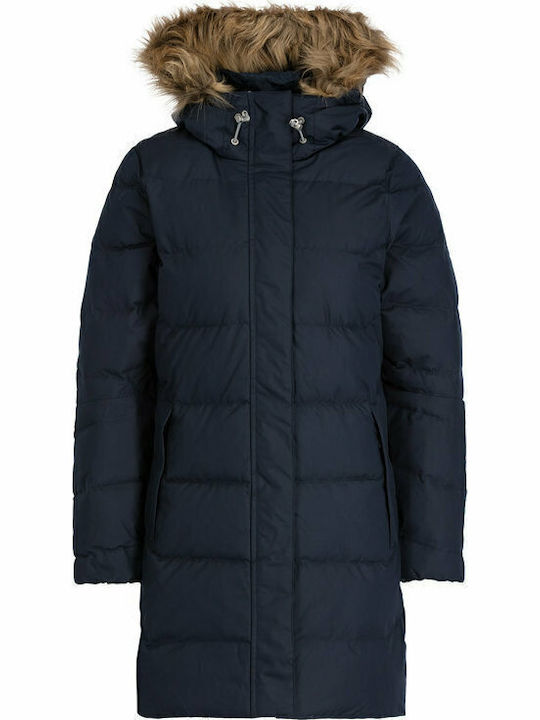 Aden Lang Damen Puffer Jacke mit pelziger Kapuze für Winter Marineblau