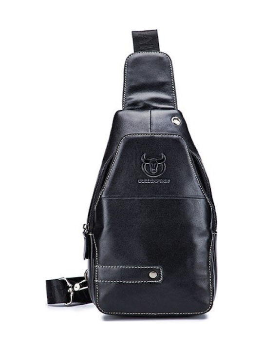 Bull Captain Leather Sling Bag XB-087 with Zipper & Internal Compartments Black 17x7x30cm