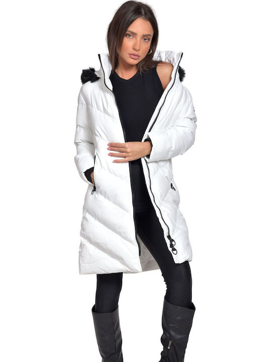 Urban V102 Lungă Jachetă de femei Puffer cu glugă de blană Alb