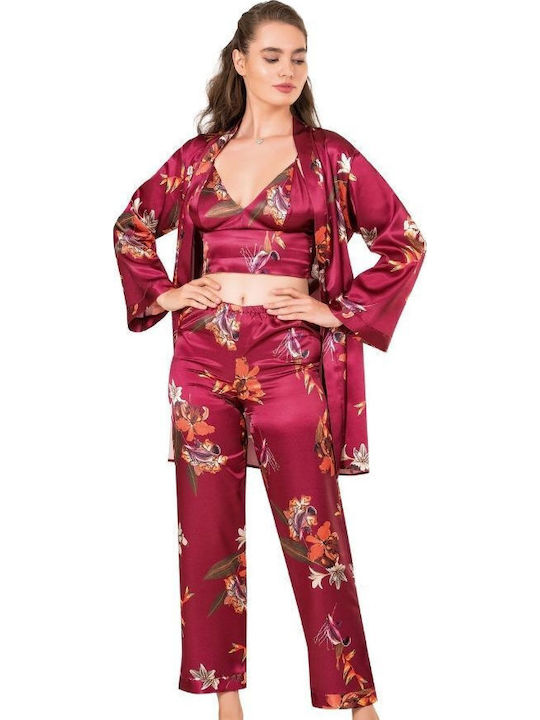 Moongirl Pentru Femei Satin Halat cu Pijamale Burgundy