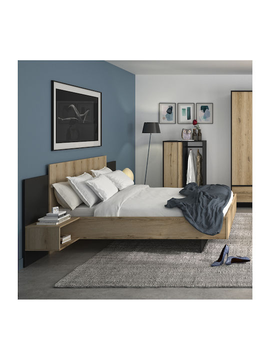 Mimizan Κρεβάτι Υπέρδιπλο Ξύλινο Helvezia Oak / Black με Κομοδίνο & Τάβλες για Στρώμα 160x200cm