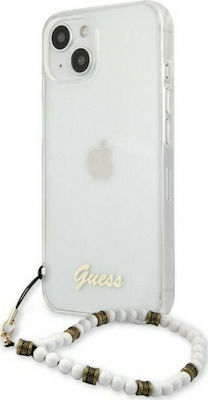 Guess Script Umschlag Rückseite Kunststoff Transparent / White Pearls (iPhone 13) GUHCP13MKPSWH