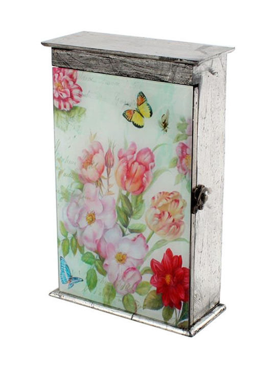 Inart Wooden Wall Key Hook Silver Flowers 6 Hooks