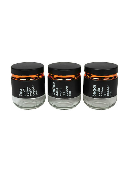 Keskor Set of 3 Glass Black Jars for Sugar Coffee Tea with Lid 8.5x8.5x11cm 3 Pieces