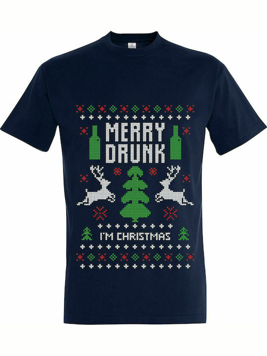 T-shirt Unisex " Ugly Christmas t-shirt, Merry Drunk I am Christmas " French navy