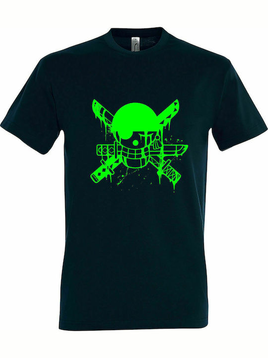 T-shirt Unisex, Fluo Print, " Roronoa Zoro, Onepiece, Anime " Petroleum blue