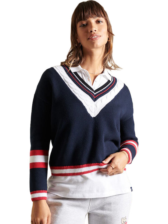 Superdry Damen Langarm Pullover mit V-Ausschnitt Marineblau