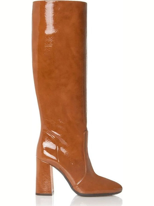 Damenstiefel aus Lackleder mit hohem Absatz Tabac Braun