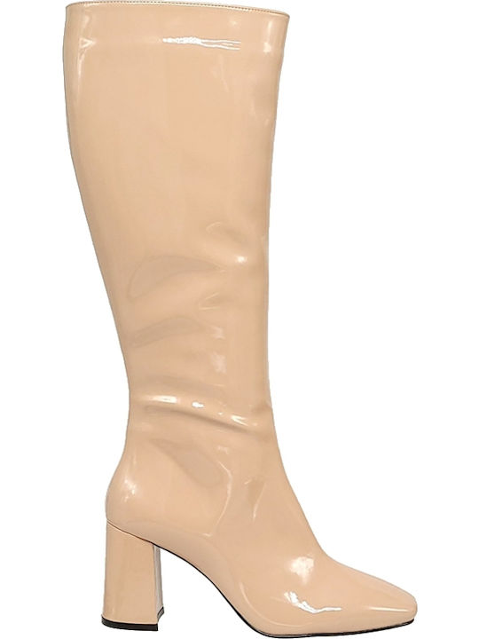 Damenstiefel aus Lackleder mit hohem Absatz Beige