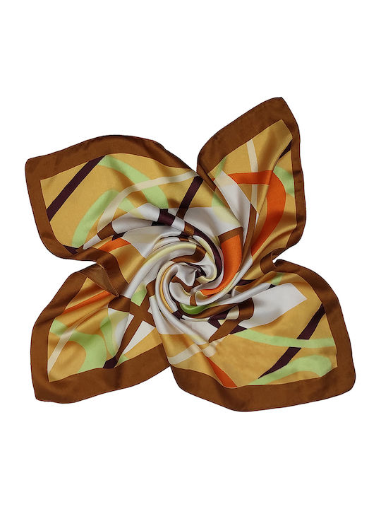 Handkerchief Women's Satin square 50cm x 50cm Brown with colorful Abstract curves